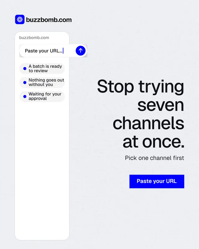Instagram portrait post for BuzzBomb: "Stop trying seven channels at once." Swiss style, right layout, light palette in white, blue.