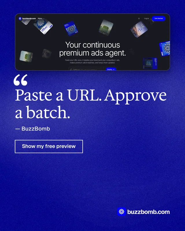 Instagram portrait post for BuzzBomb: "Paste a URL. Approve a batch." Cyanotype style, quote layout, dark palette in blue.