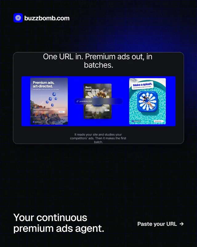 Instagram portrait post for BuzzBomb: "Your continuous premium ads agent." Phosphor atlas style, image led layout, dark palette in black, grey, blue.