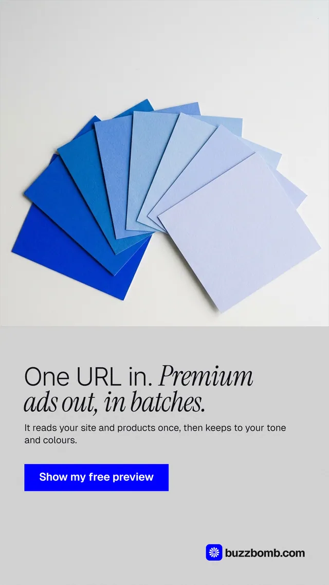 Instagram story for BuzzBomb: "One URL in. Premium ads out, in batches." Swiss style, bottom layout, light palette in white, blue.