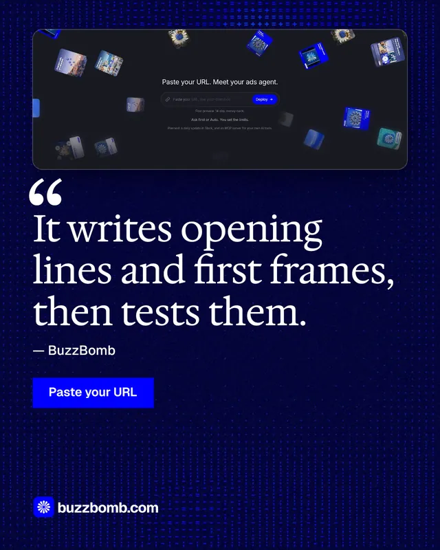 Instagram portrait post for BuzzBomb: "It writes opening lines and first frames, then tests them." Swiss style, quote layout, dark palette in black, blue.