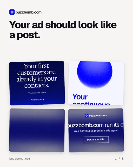 Carousel for BuzzBomb: "Your ad should look like a post.". Collection carousel, 8 slides, light palette.