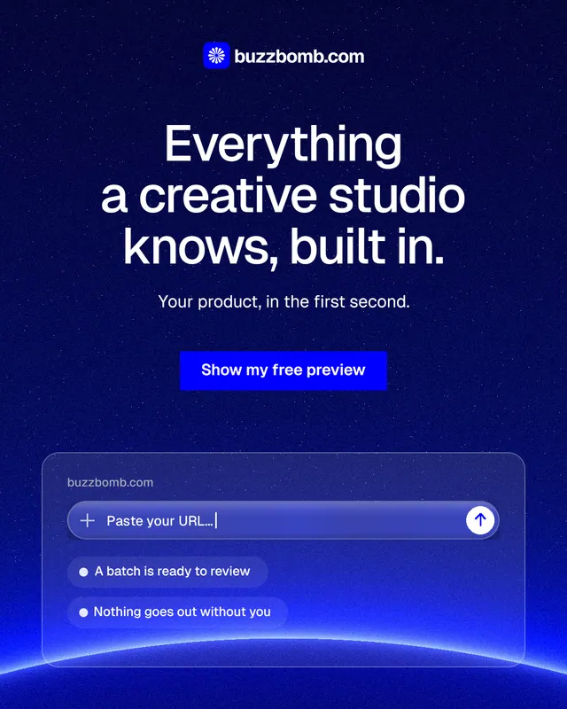 Instagram portrait post for BuzzBomb: "Everything a creative studio knows, built in." Swiss style, centred layout, dark palette in blue.