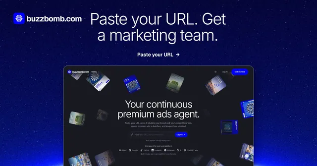 Social ad for BuzzBomb: "Paste your URL. Get a marketing team." Swiss style, ogui layout, dark palette in blue, black.