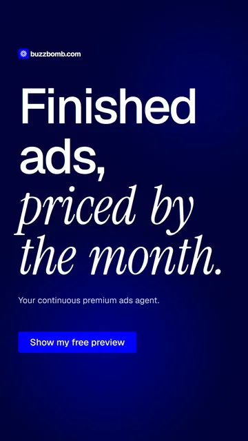 Video for BuzzBomb: "Finished ads, priced by the month.". Doc motion loop, 6.0 s, dark palette.