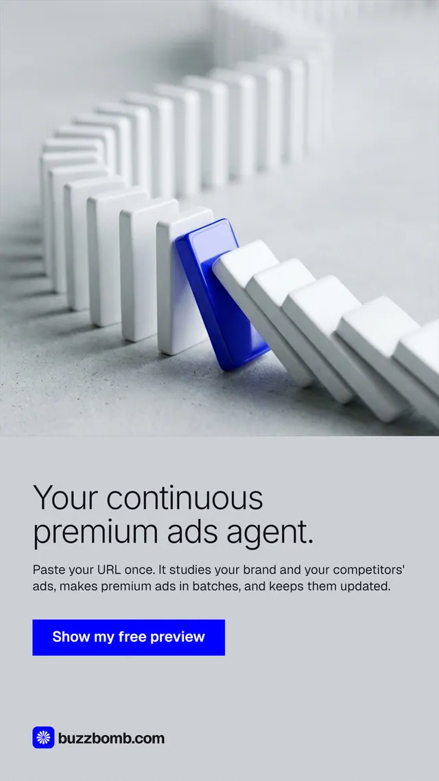 Instagram story for BuzzBomb: "Your continuous premium ads agent." Swiss style, bottom layout, light palette in white, grey.