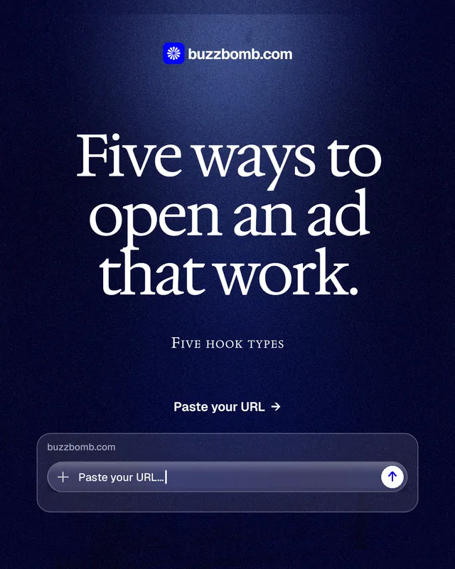 Instagram portrait post for BuzzBomb: "Five ways to open an ad that work." Dark deco style, smallcaps layout, dark palette in black, blue, grey.