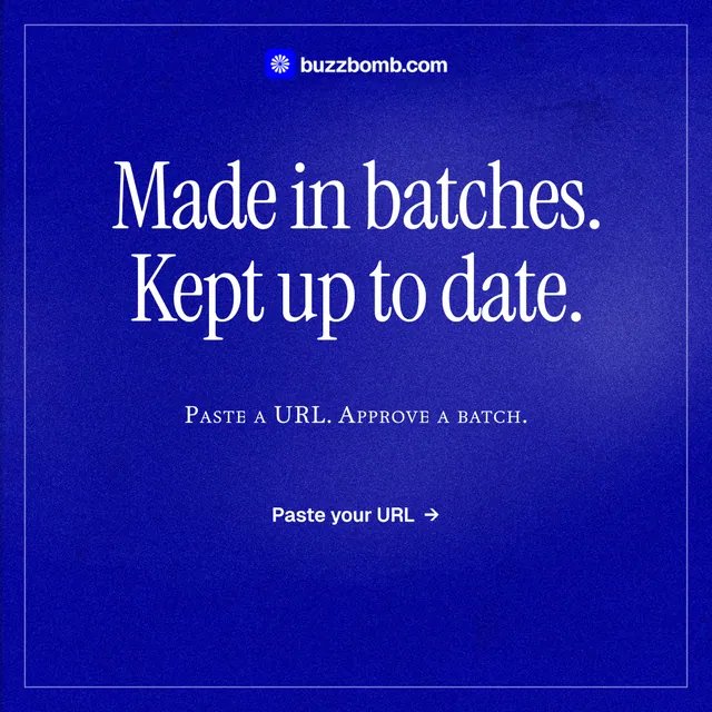 Instagram post for BuzzBomb: "Made in batches. Kept up to date." Editorial style, smallcaps layout, dark palette in blue.
