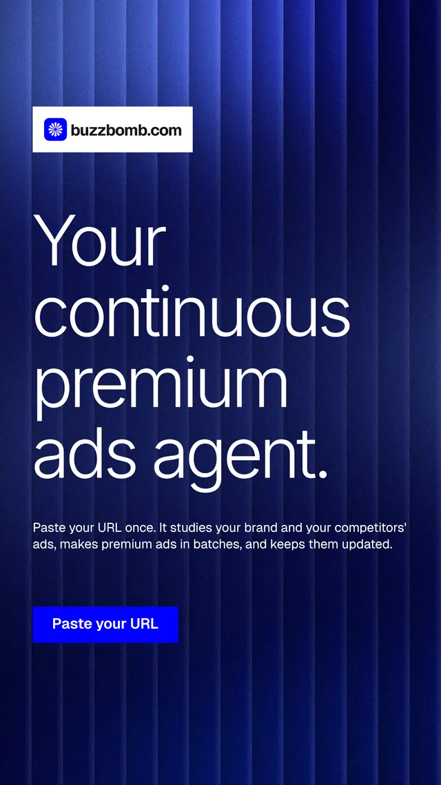 Instagram story for BuzzBomb: "Your continuous premium ads agent." Swiss style, announce layout, dark palette in blue.