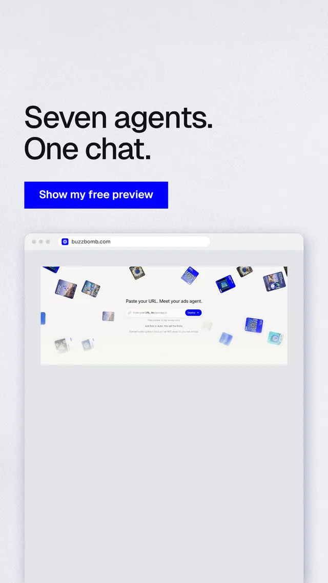 Instagram story for BuzzBomb: "Seven agents. One chat." Swiss style, browser layout, light palette in white, blue.