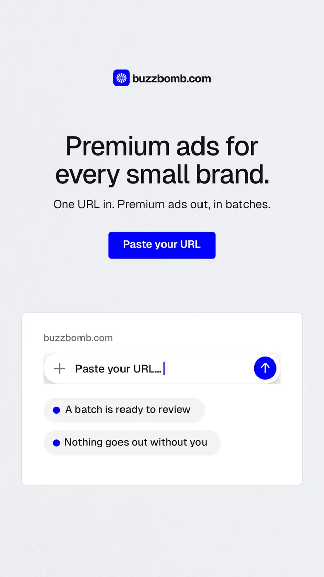Instagram story for BuzzBomb: "Premium ads for every small brand." Data card style, centred layout, light palette in white, blue.
