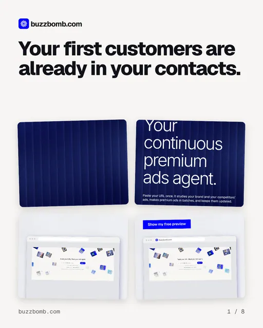 Carousel for BuzzBomb: "Your first customers are already in your contacts.". Collection carousel, 8 slides, light palette.
