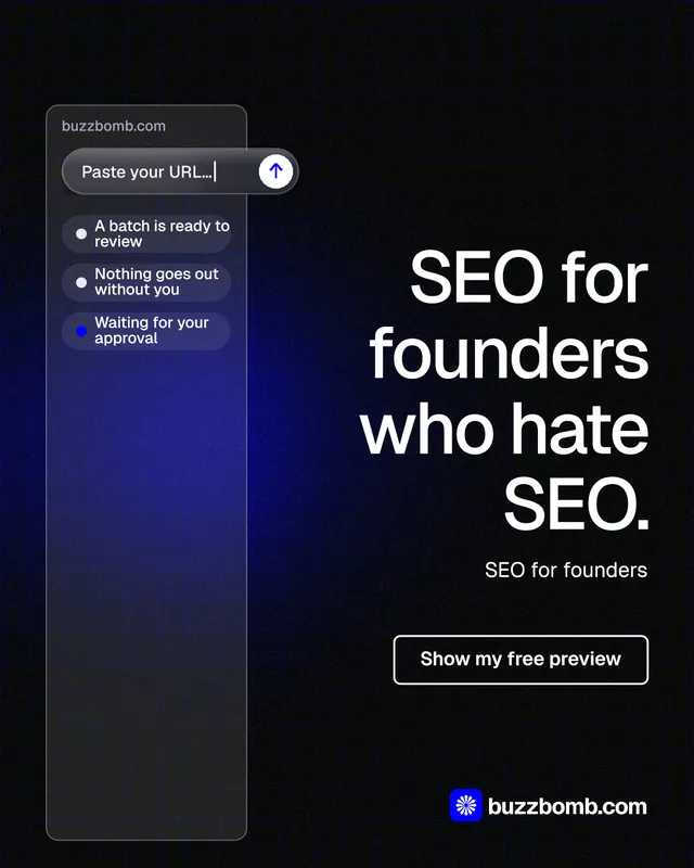 Instagram portrait post for BuzzBomb: "SEO for founders who hate SEO." Phosphor atlas style, right layout, dark palette in black, blue, grey.