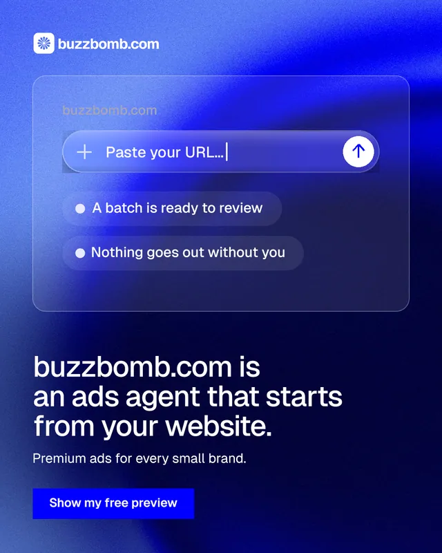 Instagram portrait post for BuzzBomb: "buzzbomb.com is an ads agent that starts from your website." Swiss style, bottom layout, dark palette in blue.