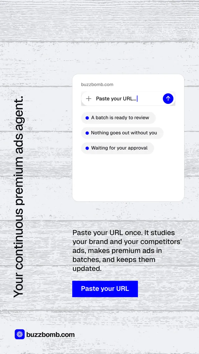 Instagram story for BuzzBomb: "Your continuous premium ads agent." Swiss style, vertical layout, light palette in white, blue.
