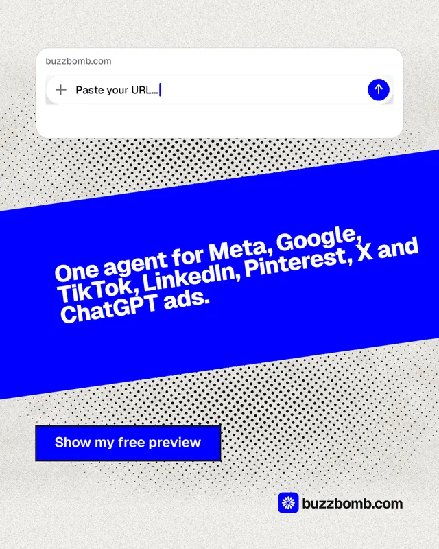 Instagram portrait post for BuzzBomb: "One agent for Meta, Google, TikTok, LinkedIn, Pinterest, X and ChatGPT ads." Ink sticker style, diagonal layout, light palette in blue, white.
