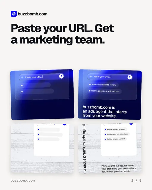 Carousel for BuzzBomb: "Paste your URL. Get a marketing team.". Collection carousel, 8 slides, light palette.