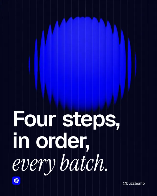 Instagram portrait post for BuzzBomb: "Four steps, in order, every batch." Auto 4x5 style, technique:shader field layout, dark palette in black, blue.