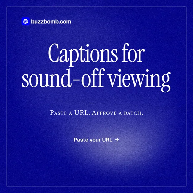 Instagram post for BuzzBomb: "Captions for sound-off viewing". Editorial style, smallcaps layout, dark palette in blue.