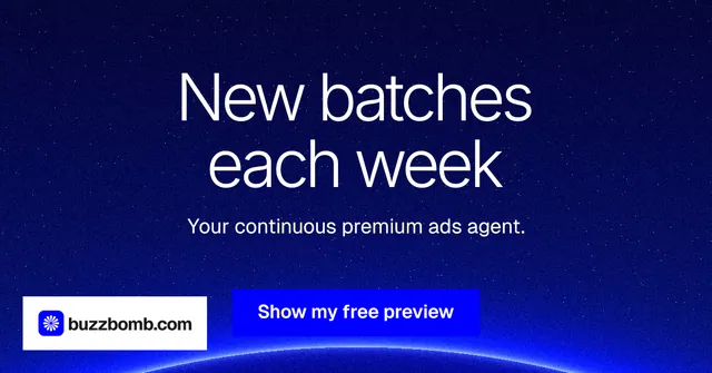 Social ad for BuzzBomb: "New batches each week". Swiss style, centred layout, dark palette in blue.