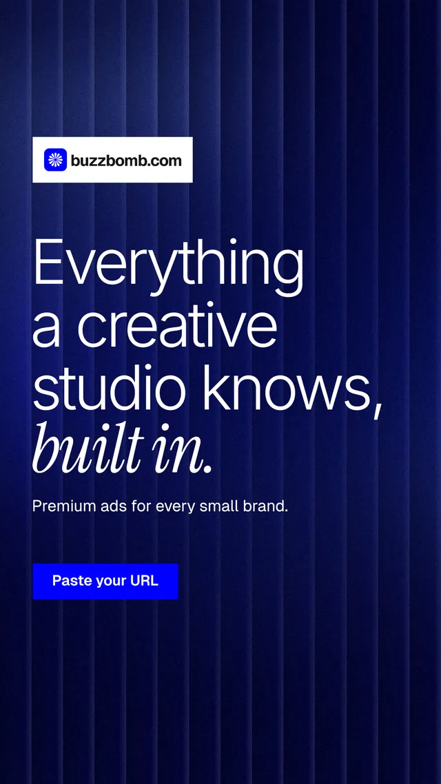Instagram story for BuzzBomb: "Everything a creative studio knows, built in." Swiss style, announce layout, dark palette in black, blue.