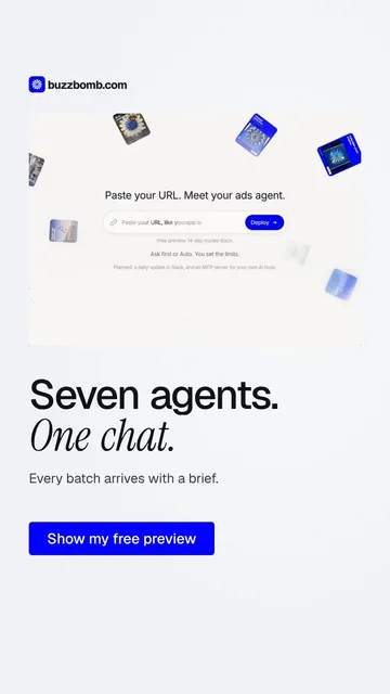 Video for BuzzBomb: "Seven agents. One chat.". Doc motion loop, 7.0 s, light palette.