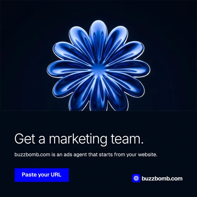 Instagram post for BuzzBomb: "Get a marketing team." Swiss style, bottom layout, dark palette in black, blue.