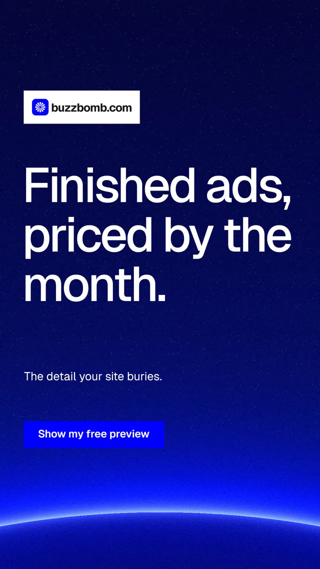 Instagram story for BuzzBomb: "Finished ads, priced by the month." Swiss style, announce layout, dark palette in blue.