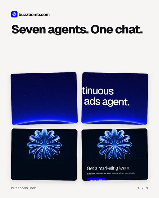 Carousel for BuzzBomb: "Seven agents. One chat.". Collection carousel, 8 slides, light palette.