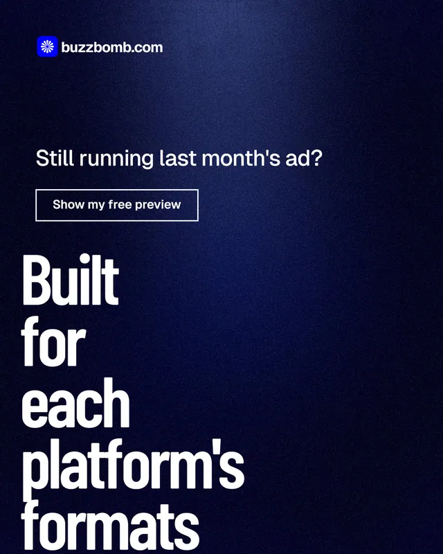 Instagram portrait post for BuzzBomb: "Built for each platform's formats." Dark deco style, oversized layout, dark palette in black, blue, grey.