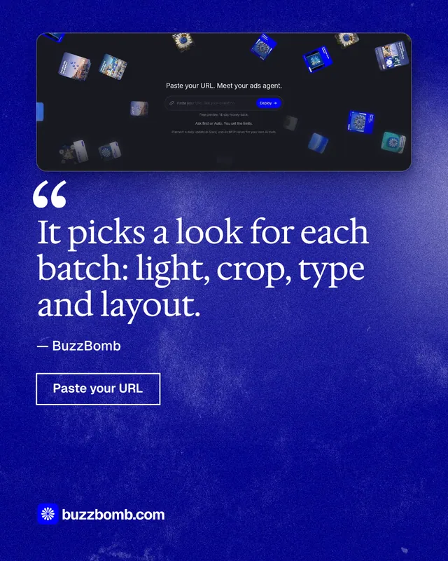 Instagram portrait post for BuzzBomb: "It picks a look for each batch: light, crop, type and layout." Cyanotype style, quote layout, dark palette in blue.