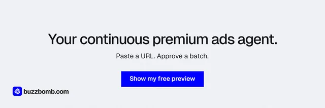 X header for BuzzBomb: "Your continuous premium ads agent." Swiss style, centred layout, light palette in white, blue.