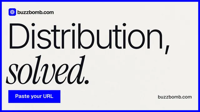 Landscape graphic for BuzzBomb: "Distribution, solved." Swiss style, poster layout, light palette in white, blue.