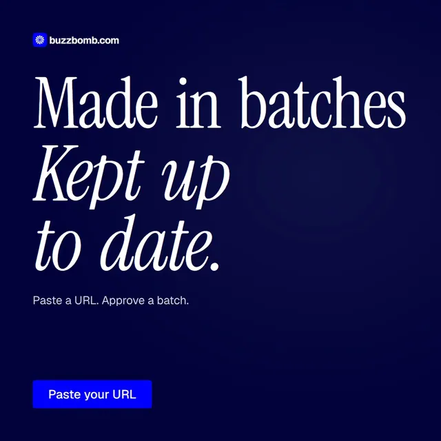 Video for BuzzBomb: "Made in batches. Kept up to date.". Doc motion loop, 8.0 s, dark palette.
