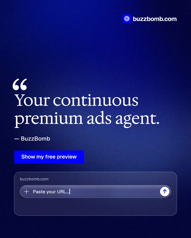 Instagram portrait post for BuzzBomb: "Your continuous premium ads agent." Swiss style, quote layout, dark palette in blue.