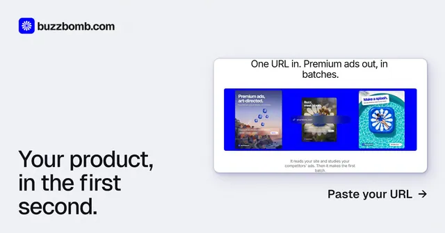 Social ad for BuzzBomb: "Your product, in the first second." Swiss style, image led layout, light palette in white, blue.
