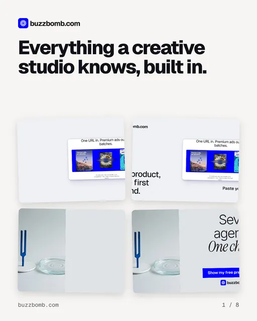 Carousel for BuzzBomb: "Everything a creative studio knows, built in.". Collection carousel, 8 slides, light palette.