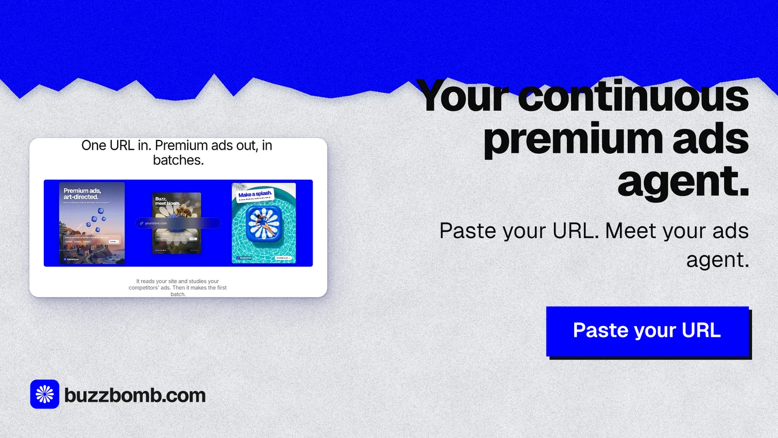 Landscape graphic for BuzzBomb: "Your continuous premium ads agent." Paper trio style, right layout, light palette in white, blue.
