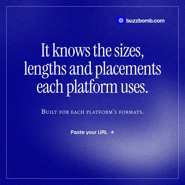 Instagram post for BuzzBomb: "It knows the sizes, lengths and placements each platform uses." Editorial style, smallcaps layout, dark palette in blue.