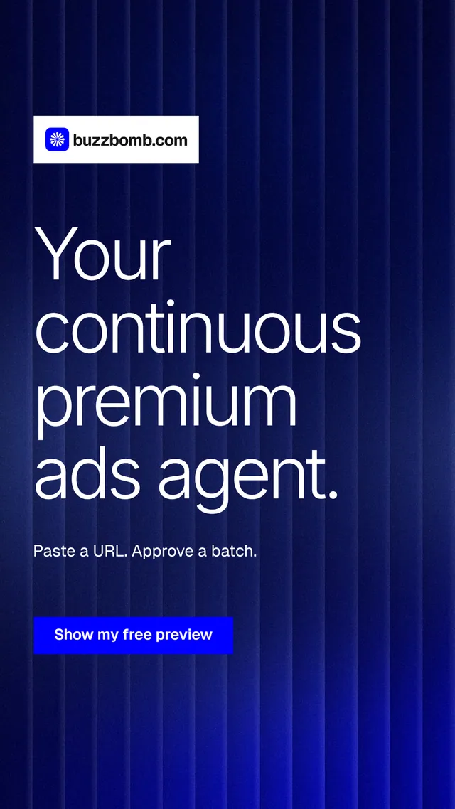 Instagram story for BuzzBomb: "Your continuous premium ads agent." Swiss style, announce layout, dark palette in blue, grey.