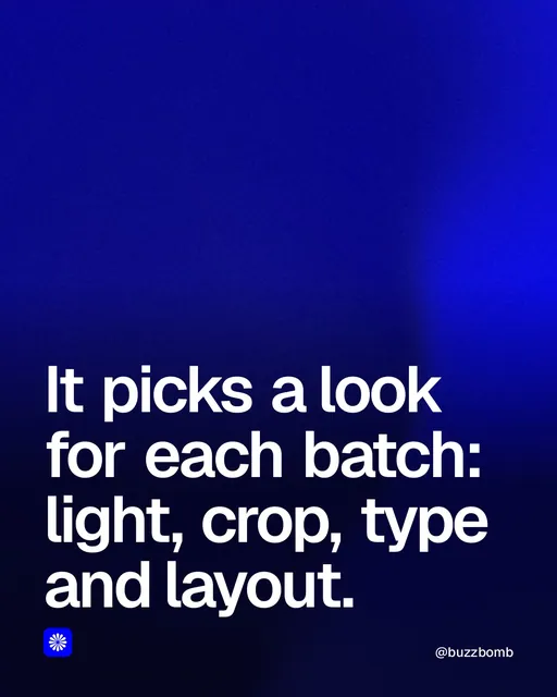 Video for BuzzBomb: "It picks a look for each batch: light, crop, type and layout.". Shader loop, 6.0 s, dark palette.