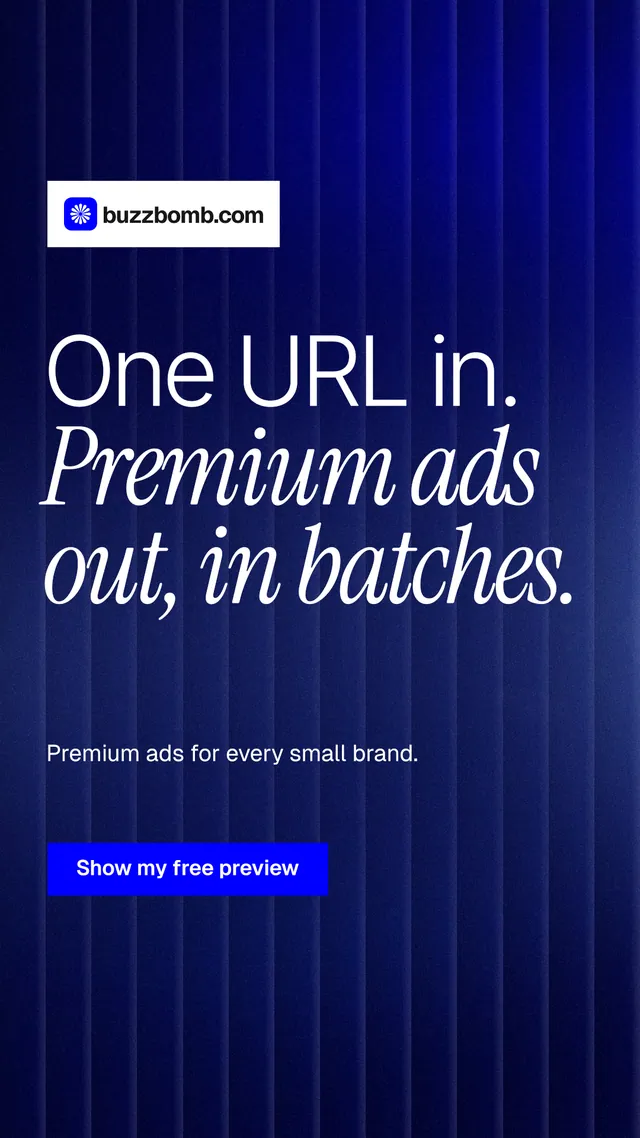Instagram story for BuzzBomb: "One URL in. Premium ads out, in batches." Swiss style, announce layout, dark palette in blue.
