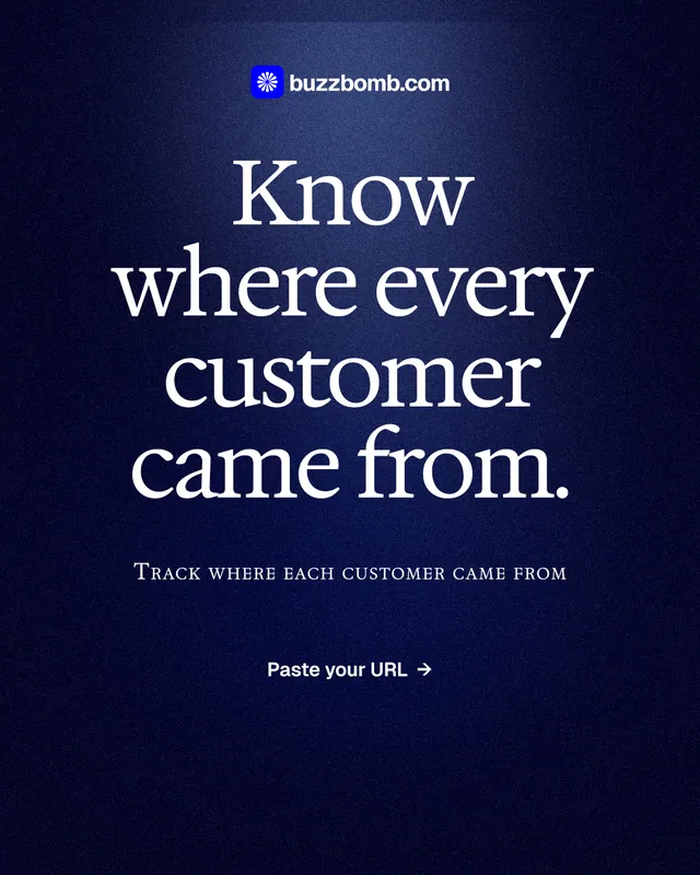 Instagram portrait post for BuzzBomb: "Know where every customer came from." Dark deco style, smallcaps layout, dark palette in blue, black.