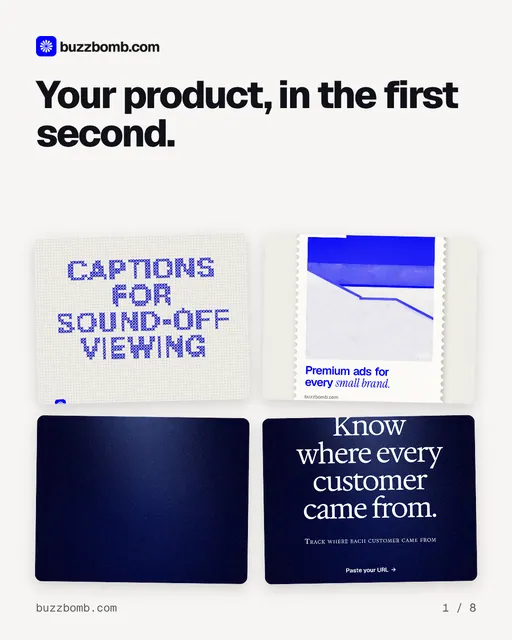 Carousel for BuzzBomb: "Your product, in the first second.". Collection carousel, 8 slides, light palette.