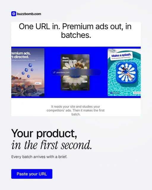 Video for BuzzBomb: "Your product, in the first second.". Doc motion loop, 8.0 s, light palette.