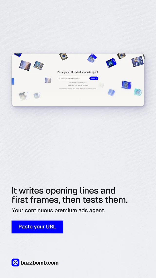 Instagram story for BuzzBomb: "It writes opening lines and first frames, then tests them." Swiss style, bottom layout, light palette in white, blue.
