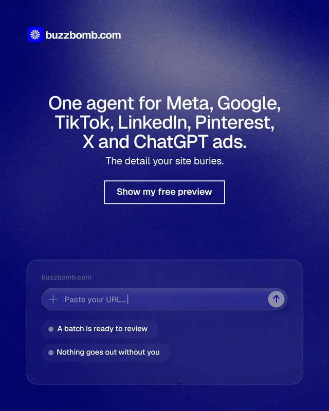 Instagram portrait post for BuzzBomb: "One agent for Meta, Google, TikTok, LinkedIn, Pinterest, X and ChatGPT ads." Cyanotype style, centred layout, dark palette in blue.
