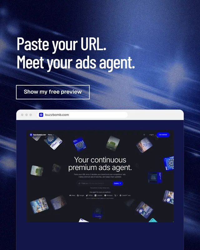 Instagram portrait post for BuzzBomb: "Paste your URL. Meet your ads agent." Dark deco style, browser layout, dark palette in black, blue.