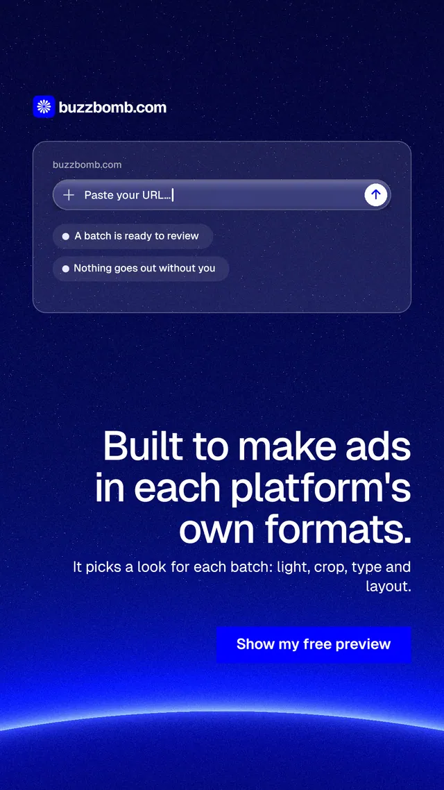 Instagram story for BuzzBomb: "Built to make ads in each platform's own formats." Swiss style, right layout, dark palette in blue.