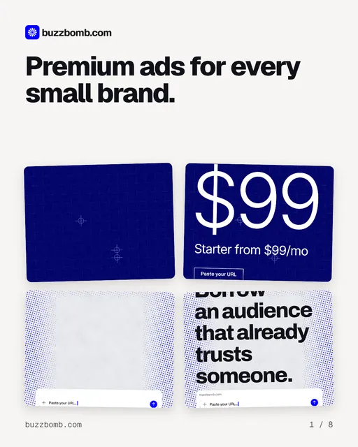 Carousel for BuzzBomb: "Premium ads for every small brand.". Collection carousel, 8 slides, light palette.